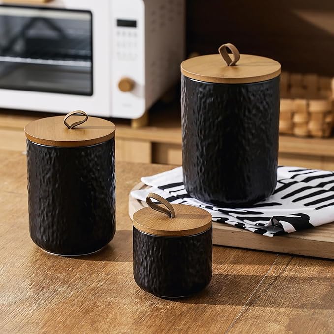 Black White Ceramic Coffee Canister Tea Canister with Seal Wood Lid, Airtight Coffee Storage Container for Coffee Bean, Ground Coffee, Sugar, Cookie Candy jar (Black three piece)-Ruum Studio Home