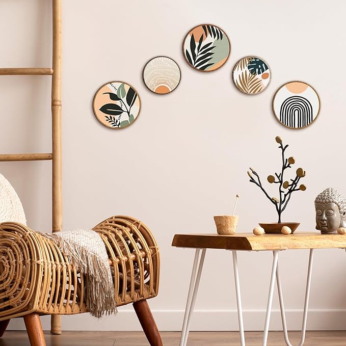 Qunclay 5 Pcs Wall Art Decor Wooden Living Room Wall Decor Bohemian Hanging Farmhouse Geometric 10'' and 8'' Aesthetic Wood Minimalist Posters for Bedroom(Boho, Leaf)-Ruum Studio Home