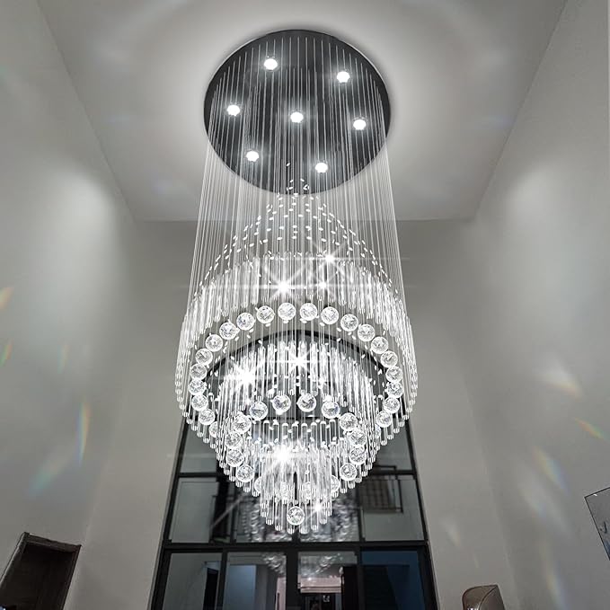 Flashing God D24''XH86'' Modern Foyer Chandelier for High Ceiling Raindrop Crystal Chandelier High Ceiling Pendant Light Fixture for Hallway Living Room (Black Staircase Chandeliers)-Ruum Studio Home