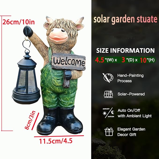 Solar Garden Decor Statues: Handmade Resin Statue with LED Light,Highland Cow Figurine Outdoor Garden Decor Unique Gifts for Women, Mom, Grandma (Green cow1)-Ruum Studio Home