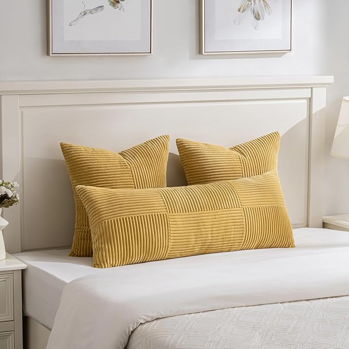 Fancy Homi 2 Packs Mustard Yellow Long Lumbar Decorative Throw Pillow Covers 16x24 Inch for Couch Bed, Rustic Farmhouse Boho Home Decor, Soft Striped Corduroy Rectangle Accent Cushion Case 40x60 cm-Ruum Studio Home