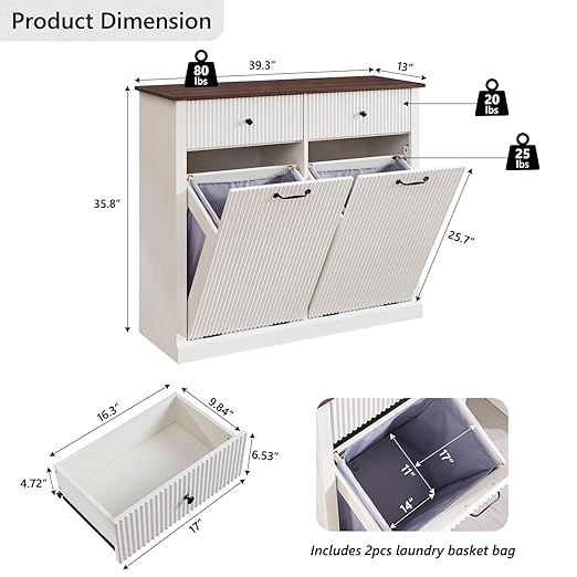 Modern Double Tilt-Out Trash Cabinet, 20 Gallon Fluted Laundry Hamper Cabinet w/2 Drawers, Wooden Hidden Garbage Can Cabinets with Storage Basket,Free Standing for Kitchen & Living Room, White-Ruum Studio Home