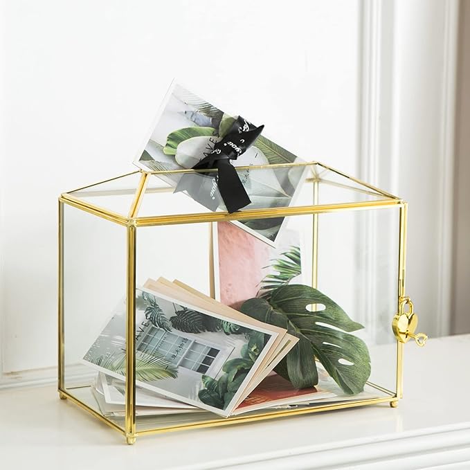 Glass Wedding Card Box with Slot, Large Clear Card Box 10.2 inch Gold Brass Gift Card Storage Box with Lock for Wedding Receptions, Baby Shower, Birthday Party, Bridal Shower-Ruum Studio Home