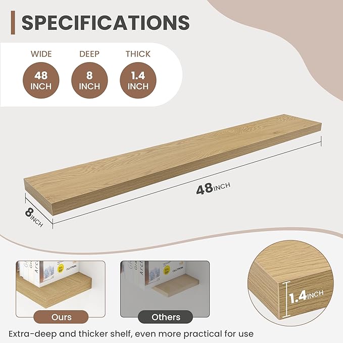 48 Inch Floating Shelves, 8 Inch Deep Floating Shelves for Wall, Hanging Shelf with Invisible Brackets, Deep Shelves for Bathroom, Bedroom, Living Room, Oak, Set of 1-Ruum Studio Home