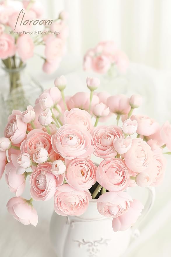 Floroom Ranunculus Artificial Flowers 18 Pcs Blush Faux Silk Mini Ranunculus Bulk Fake Wedding Filler Flowers for DIY Pink Bouquets, Centerpieces, Bridal Shower Decorations & Arrangements-Ruum Studio Home
