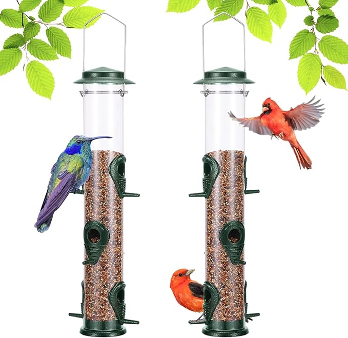 MIXXIDEA 2PK Metal Wild Bird Feeder Bird Feeders for Outdoors Hanging 6 Port Tube Bird Feeder Transparent Finch Feeder with Steel Hanger Green-Ruum Studio Home