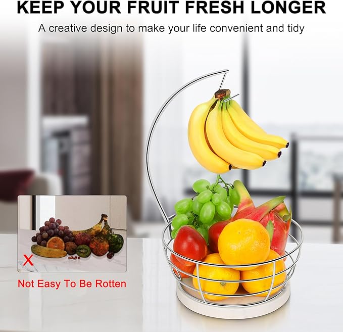 Livabber Countertop Fruit Basket Bowl with Banana Hanger, Modern Standing Fruit Vegetable Bowl Storage, with Banana Tree Holder for Kitchen Dinning Table (Round Marble, Chrome)-Ruum Studio Home
