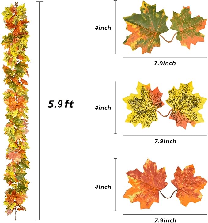 Lvydec 2 Pack Fall Maple Garland Clearance - 5.9ft/Strand Artificial Fall Garlands Assorted Color Leaves Autumn Decor for Home Wedding Halloween Thanksgiving Party-Ruum Studio Home