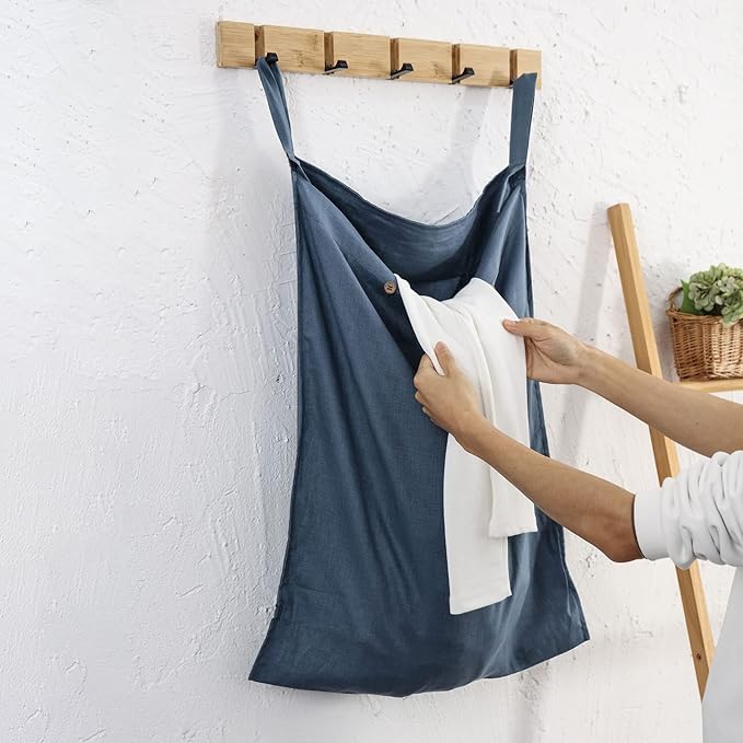 Linen Hanging Laundry Bag, 100% Linen Over The Door Laundry Hamper with Buttons and Zipper, Space Saving Door Hampers for Laundry Dirty Clothes Home Travel, Navy Blue-Ruum Studio Home