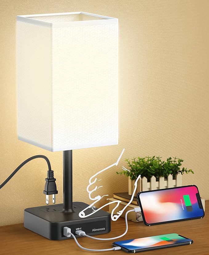 Bedside Table Lamp with Touch Control & USB C+A Charging Ports LED Desk Lamp with 2 AC Outlets, Minimalist Nightstand Light with Black Fabric Shade for Bedroom, Living Room, Office, White-Ruum Studio Home