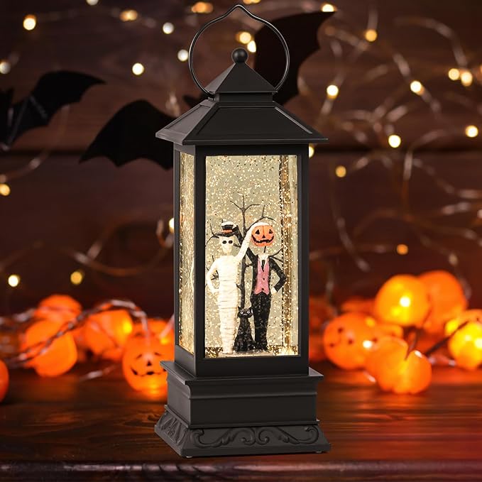Halloween Snow Globes, Skull and Black Cat Scene Snow Globes, Glittering Lantern with Timer, Snow Globe Lantern USB or Battery Powered for Halloween Decor-Ruum Studio Home