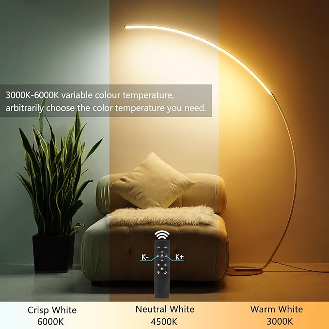 NUÜR Arc Floor Lamp, 67" Tall Gold LED Modern Standing Floor Lamp with Remote Control, Arched Bright Floor Lamps for Living Room Bedroom Office Home-Ruum Studio Home