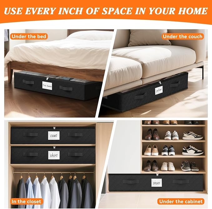SpaceWhisper 90L Under Bed Storage Containers, 2-Pack Storage Bins with Clear Top, Foldable Closet Organizers and Storage with Label Holder for Clothing, Blankets, Comforter & Pillows(Black)-Ruum Studio Home