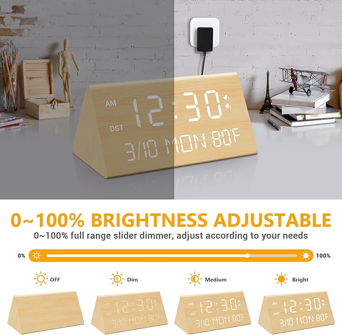 Kogonee Wooden Digital Alarm Clock, 0-100% Dimmer, 2 Alarm Settings, Weekday/Everyday Mode, 9 Mins Snooze, 12/24H, Temperature and Date Display for Office, Travel, Bedroom Alarm Clock (Bamboo)-Ruum Studio Home