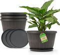 Quarut 16 Inch Brown Classic Plastic Whiskey Barrel Planters Set of 4 with Drainage Holes & Trays for Indoor & Outdoor Use-Ruum Studio Home