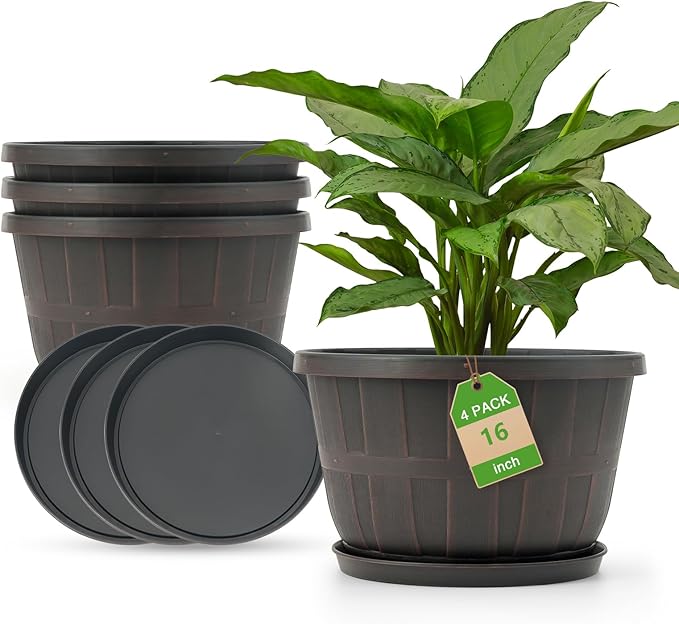 Quarut 16 Inch Brown Classic Plastic Whiskey Barrel Planters Set of 4 with Drainage Holes & Trays for Indoor & Outdoor Use-Ruum Studio Home