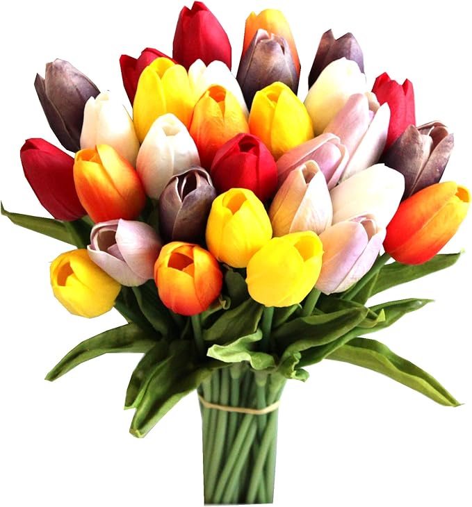 Mandy's Artificial Tulips 28 Stems Multicolor PU Faux Flowers for Wedding Home Decor 13.5 Inch-Ruum Studio Home