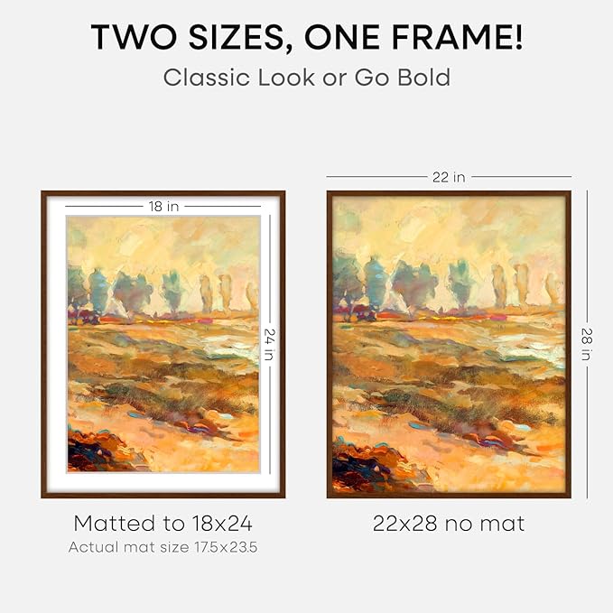 Homeforia 22x28 Poster Frame Walnut, High End Dark Oak 22x28 Large Wooden Picture Frame with Mat 18x24, 22 x 28 Brown Wood Frame Matted to 18 x 24, 28x22 Thin Frame, Tempered Glass, Wall Kit, Set of 1-Ruum Studio Home