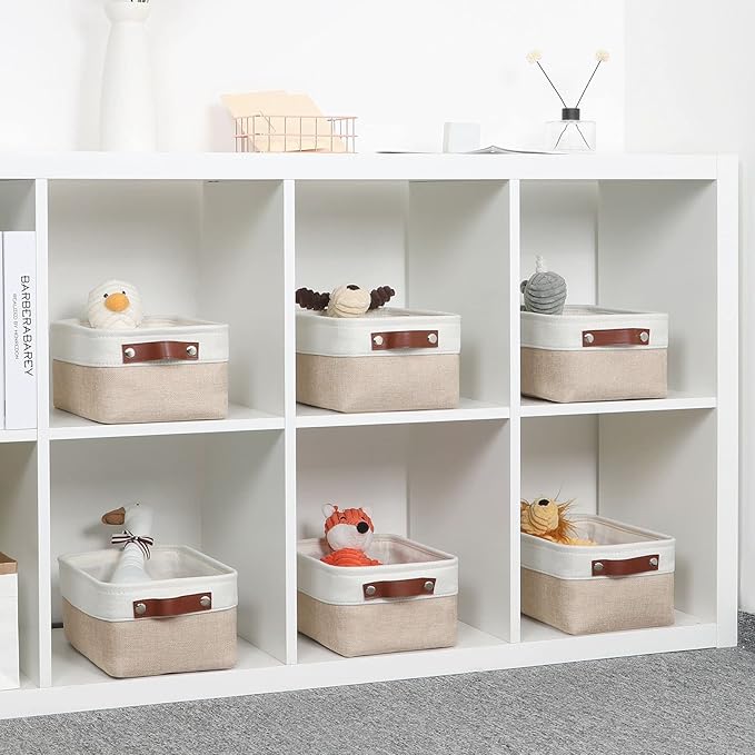 DULLEMELO Small Storage Bins, Storage Baskets for Organizing, Collapsible Rectangular Fabric Baskets for Shelves, Closets, Nursery, Home, Office, Empty Gift Baskets (6-Pack, White&Khaki)-Ruum Studio Home