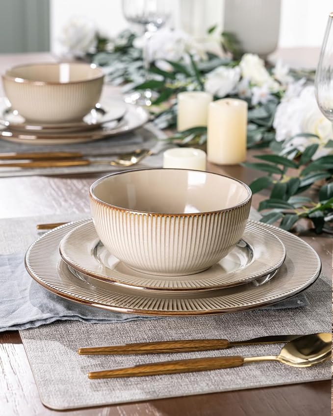 GBHOME Ceramic Dinnerware Sets,12 pcs Embossed Elegant Stoneware Plates and Bowls Sets, Housewarming Wedding Gift | Dishwasher & Microwave Safe | Dishes Set Service for 4-Ruum Studio Home