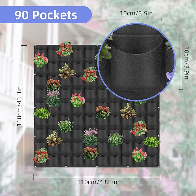 90 Pockets Hanging Planter Bags, Hanging Vertical Wall Mounted Plant Planting Grow Bags, Herb Garden Planter Outdoor Indoor Growing Bag, Gardening Vertical Greening Flower Container(1.1m×1.1m, Black)-Ruum Studio Home