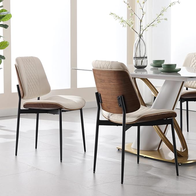 BV Dining Chairs Set of 2, PU Leather Armless Kitchen Chair in Modern Walnut Style, Mid Century Bentwood Side Chair with Metal Legs, Retro Accent Guest Chair for Kitchen Dining Room(Beige)-Ruum Studio Home