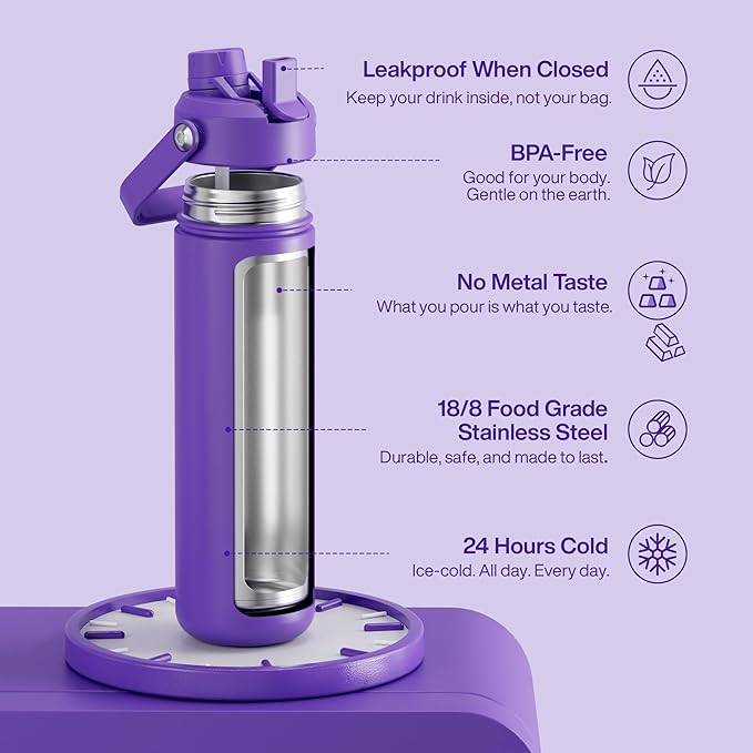 Insulated Water Bottle with Straw Stainless Steel Water Bottle, Leak-Proof, BPA-Free, Double Wall Vacuum Keeps Cold for 24 Hours for Sports, Travel, School (26 oz, Violet)-Ruum Studio Home