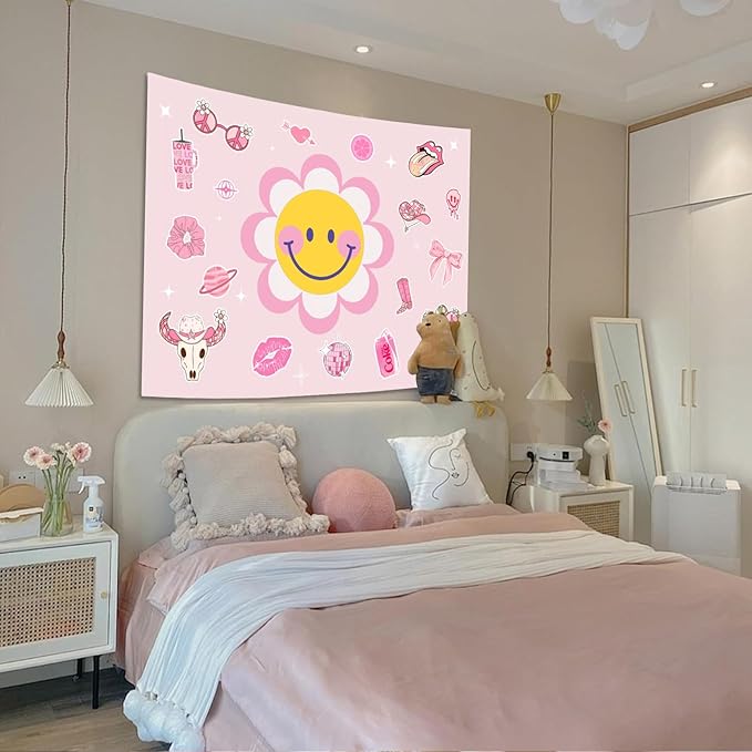 Lunerfex Y2K Tapestry Pink Sun Wall Tapestry, Cute Tapestries for Bedroom Funny Tapestries Wall Hanging for Bedroom Living Room Decor Pink-7 44"x60"-Ruum Studio Home