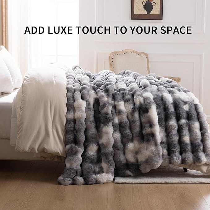 Cozy Faux Fur Throw Blanket for Couch-Warm Fuzzy Throw Blanket, Soft Plush Thick Bubble Blankets for Bedroom and Living Room, Furry Luxury Blanket, 50 x 60,Tie-Dye Grey-Ruum Studio Home