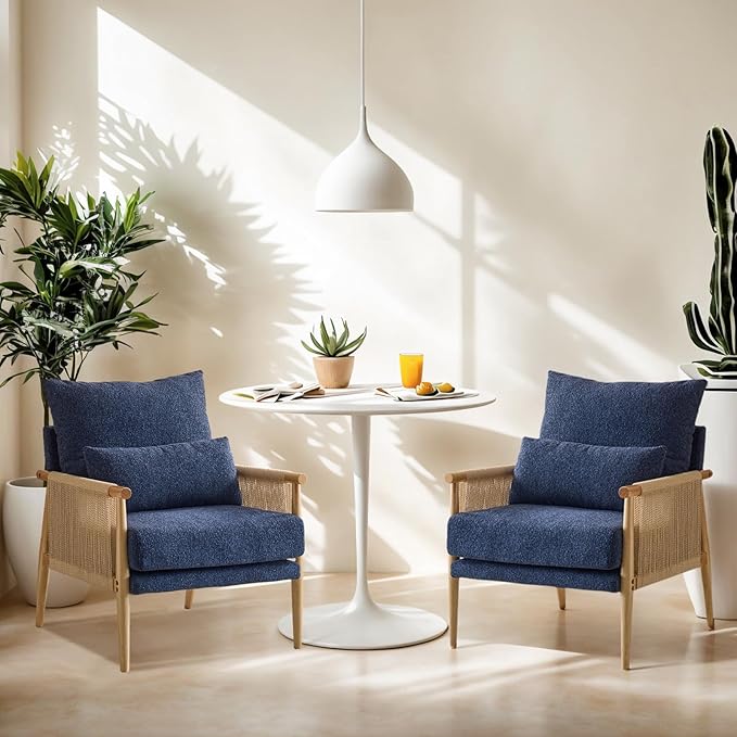 VINGLI Boho Braid Accent Armchairs Set of 2,Mid-Century Modern Chiars with Solid Wooden Armrest,Comfy Louge Cushion Chairs with Waist Pillow for Bedroom,Living Room,Reading Room, Blue-Ruum Studio Home
