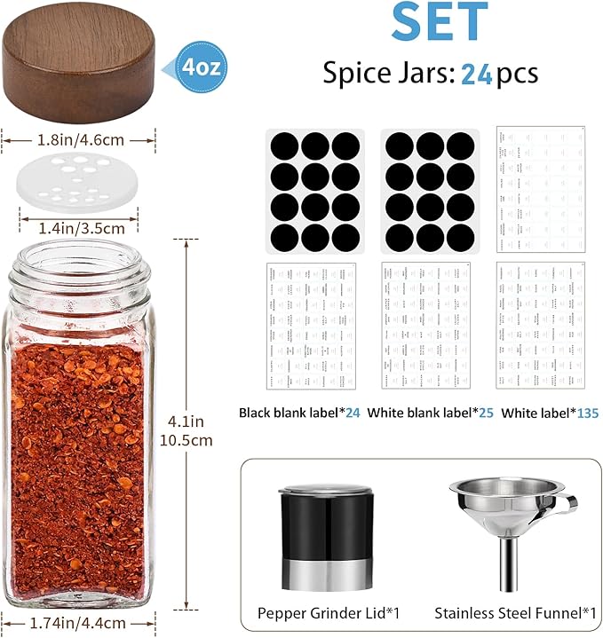 Yangbaga 24Pcs Glass Spice Jars with Labels-4oz Acacia Wood Lid Square Spice Containers and 2pcs Rack with Pepper Grinder Lids &Funnel,Seasoning Jars for Rack Cabinet Drawer-Ruum Studio Home