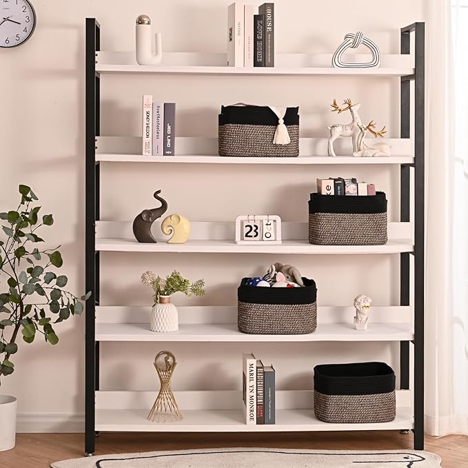 Storage Baskets for Shelves Organizing, Woven Cotton Rope Baskets for Storage, Book Basket, Decorative Shelf Basket, 12.5"Lx9.1''Wx7.9''H (4 Packs) Black & Jute-Ruum Studio Home