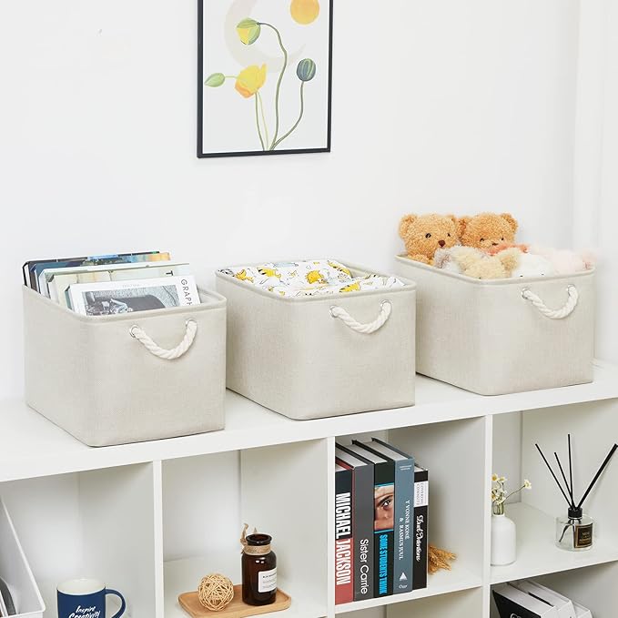 Bidtakay Baskets Collapsible Large Toy Storage Baskets for Organizing Set of 3 Closet Organizer Linen Cream Storage Bins 15 X 11 X 9.5 Inch Shelf Organizer Bins for Nursery Storage (Light Beige)-Ruum Studio Home