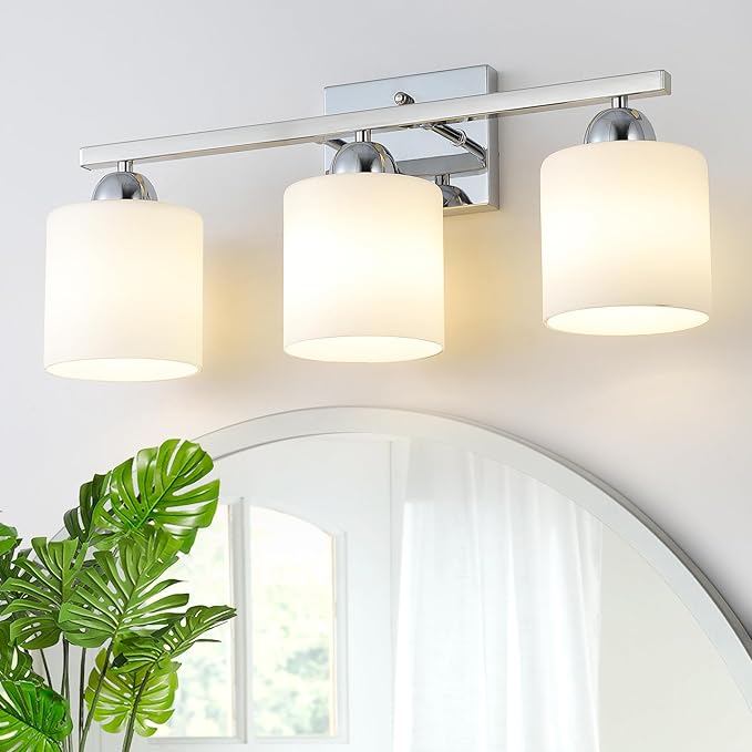 Stainless Steel Milk Glass Vanity Lights for Bathroom, 3 Light Chrome Bathroom Light Fixtures Over Mirror, Ceramic E26 Sockets Wall Mounted-Ruum Studio Home
