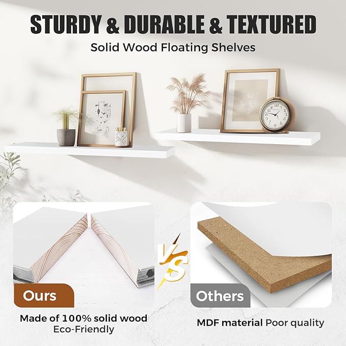 Floating Wall Shelves 4-Pack - Rustic White 16-inch Wooden Wall Shelves for Storage and Décor, Multi-Functional and Easy to Install for Living Room, Bedroom, and Kitchen-Ruum Studio Home