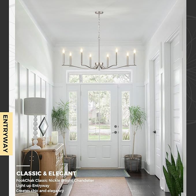 Nickel Chandeliers for Dining Room, 8-Light Chandelier Light Fixture Over Table Modern Candle Chandelier 44in Master Bedroom Chandeliers Lighting for Entry Foyer Bathtub Living Room-Ruum Studio Home