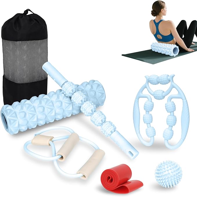 7 in 1 Foam Roller,Products Include Foam shafts,Muscle Roller Bars,Leg Massagers,Fascia Balls,Stretch Bands,8-Shaped Resistance Bands,are Used for Full-Body Relax,Yoga(White Pink Blue) (Blue)-Ruum Studio Home