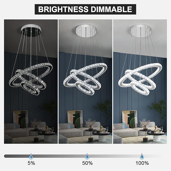 Buccleuch Modern Crystal Chandelier, Dimmable LED Pendant Light Fixture 3-Ring Adjustable Stainless Steel Ceiling Light, Silver Crystal Chandeliers for Dining Room, Bedroom, Living Room - ETL Listed-Ruum Studio Home