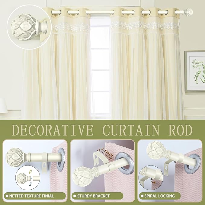 White Farmhouse Curtain Rods for Windows:36-88" Heavy Duty Adjustable Curtain Rod for Bedroom Living Room,Boho Decorative Rustic Drapery Rods with Vintage Coastal Texture Finials,Antique White-Ruum Studio Home