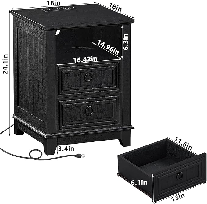 18" Night Stands Set of 2 with Charging Station, Farmhouse 2 & 3 Drawers End Table Dresser for Bedroom, Black Wooden Nightstand, Bed Side Table with Open Shelf, Bedside Cabinet for Living Room-Ruum Studio Home