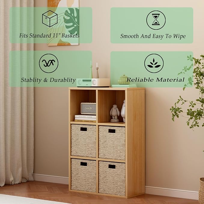 6-Cube Storage Shelf Bookcase - Wooden 3-Tier Floor Standing Open Bookshelf for Home and Office, Display Cabinet, Oak-Ruum Studio Home