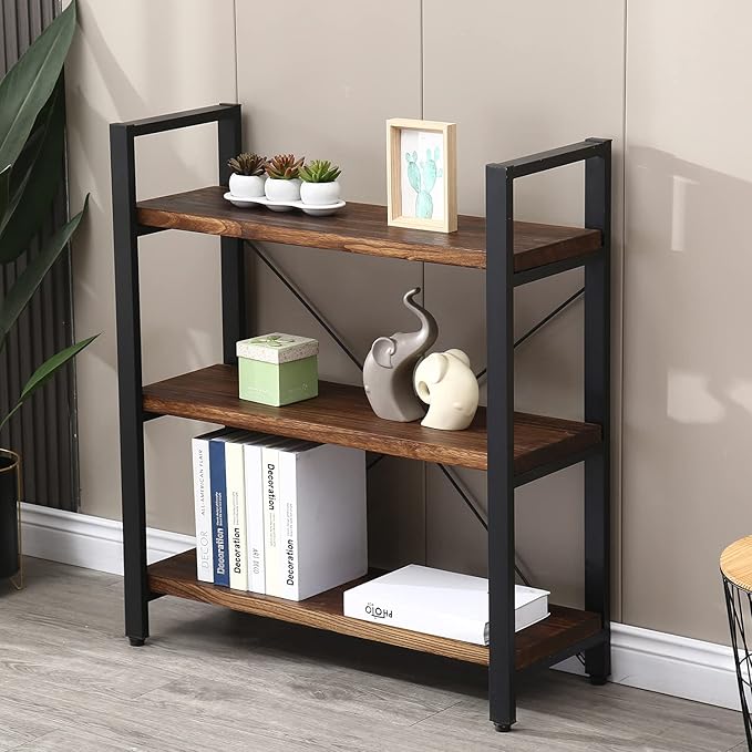 Natural Real Solid Wood Bookcase,3 Tier Metal and Wood Open Book Shelf Storage Farmhouse Wide Etagere Bookcase for Office Living Bedroom-Ruum Studio Home