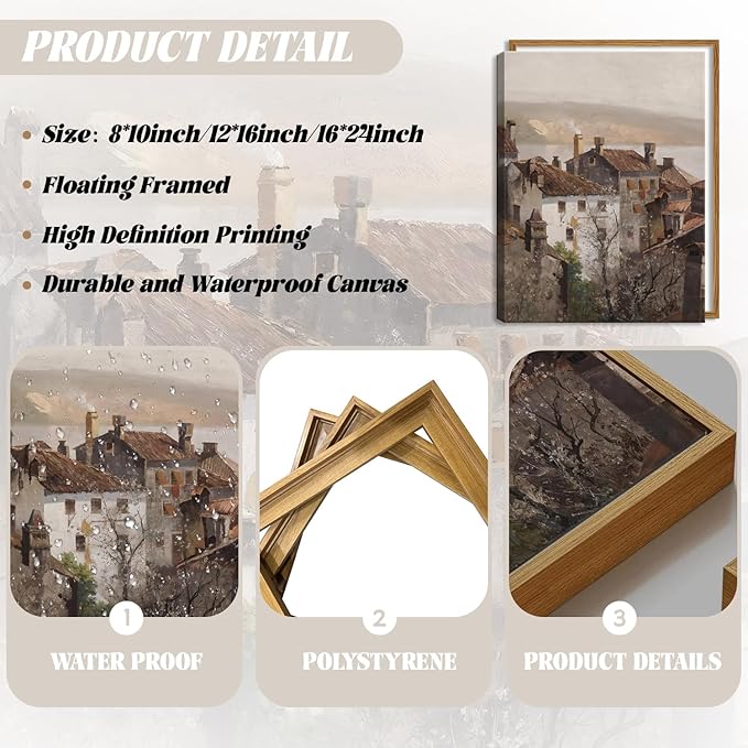 Floating Framed Vintage Canvas Wall Art, European Country Towns Wall Decor Oil Paintings Artwork, Rustic Farmhouse Posters Prints Pictures for Living Room Hallway Bedroom 16x24 inch-Ruum Studio Home