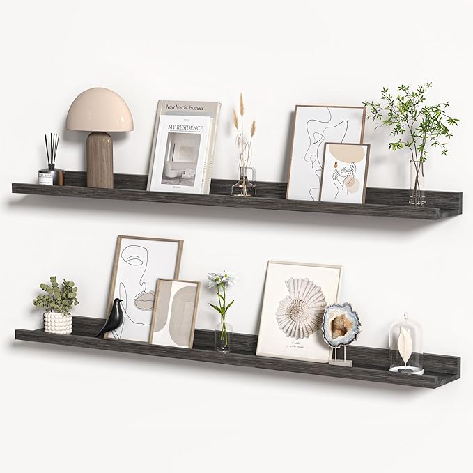 Floating Shelves for Wall, Picture Ledge Shelf 48 Inch Solid Wood Set of 2, Rustic Wall Shelves with Lip, Kids Bookshelf, Photo & Picture Live Edge Floating Shelves for Bedroom, Living Room, Kitchen-Ruum Studio Home
