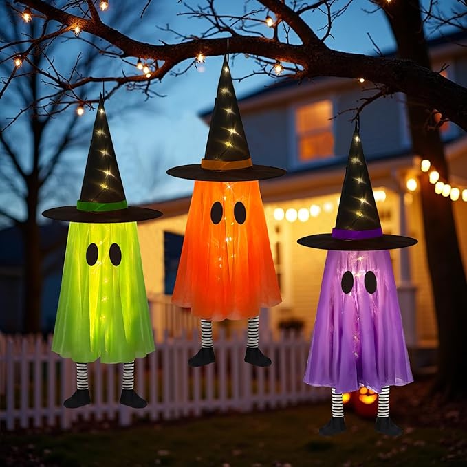 DAZONGE Halloween Decorations Outdoor, 3 Packs Hanging Ghost Halloween Decor with String Lights Battery Operated, Ghost Decor with with Hat for Home Yard Porch-Ruum Studio Home