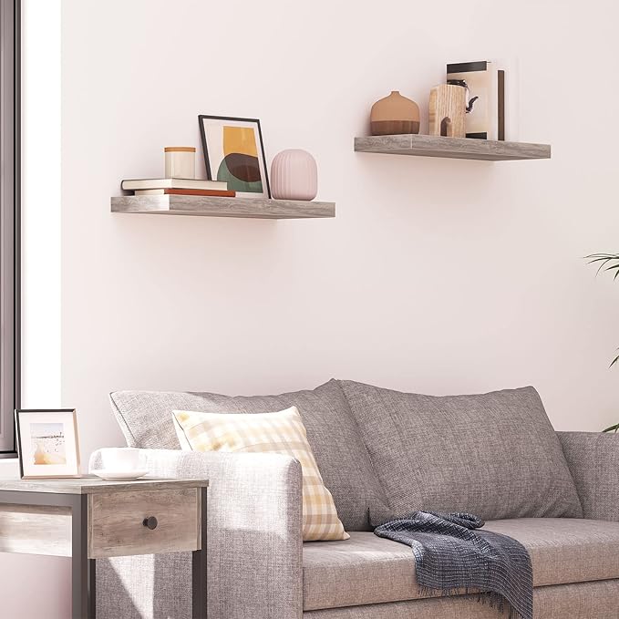 HOOBRO Floating Shelves, Wall Shelf Set of 2, 23.6 Inch Hanging Shelf with Invisible Brackets, for Wall Decor in Bathroom, Bedroom, Toilet, Kitchen, Living Room, Office, Greige BG60BJ01G1-Ruum Studio Home