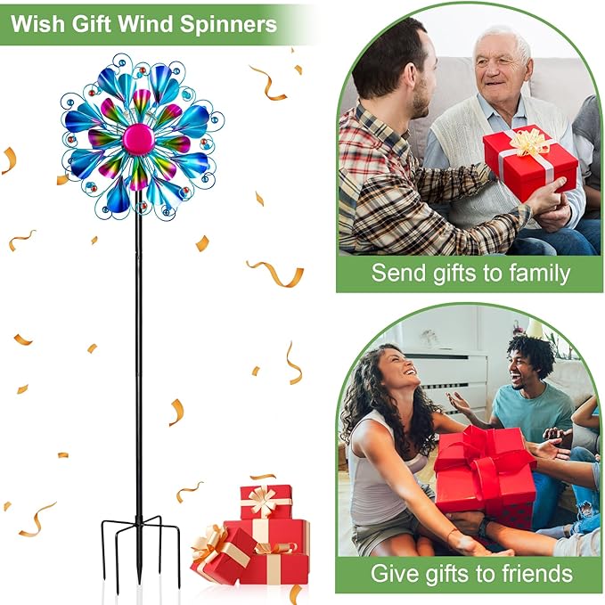 60'' Wind Spinner with Color Glass Ball Solar Lights, Blue Peacock Feathers Metal Garden Outdoor Decor Yard Lawn Art Decor for Patio Kinetic Windmills Unique Gifts for Friends and Family-Ruum Studio Home