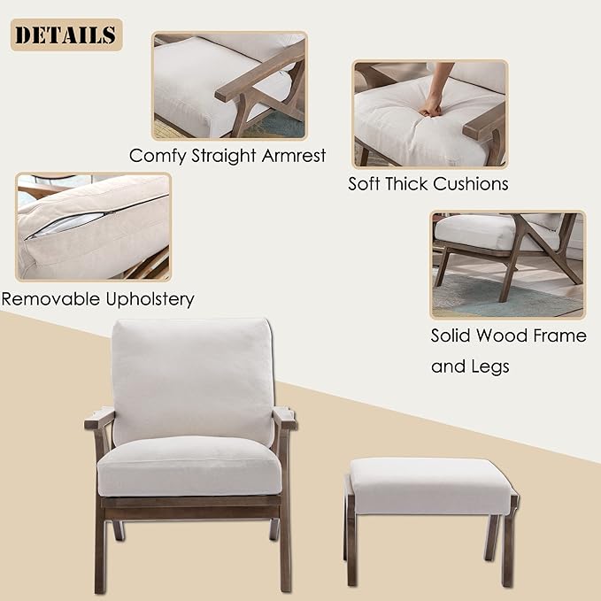 chairus 2 Sets Mid-Century Modern Accent Chairs with Ottoman, Linen Fabric Armchair with Wood Legs Comfy Upholstered Single Sofa Chair for Living Room/Bedroom/Lounge, White-Ruum Studio Home