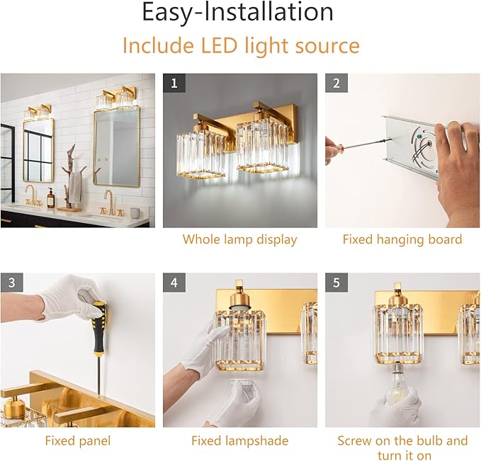 Modern Bathroom Vanity Light 2-Lights Gold Crystal Bathroom Wall Light Vanity Light Fixtures，12.59-inch Modern Minimalist Design-Ruum Studio Home