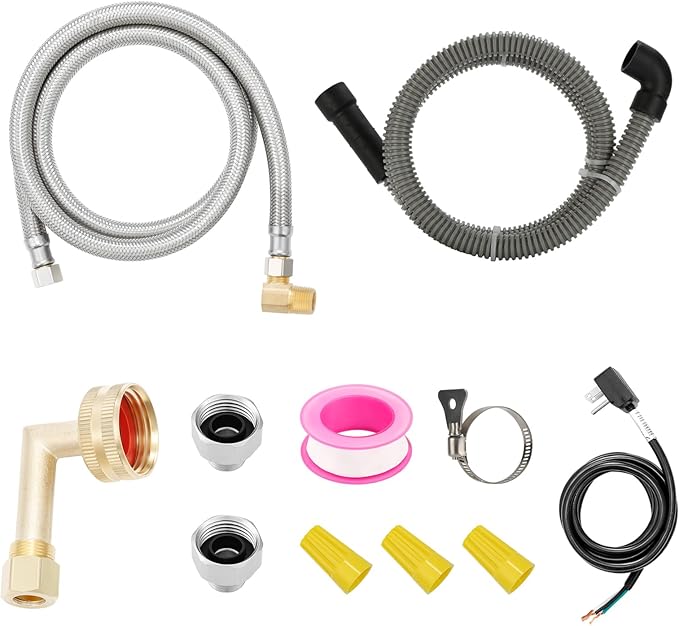 Solimeta Universal Dishwasher Installation Kit – 6ft Stainless Steel Inlet Hose + 6ft Drain Hose with Power Cord & Accessories-Ruum Studio Home